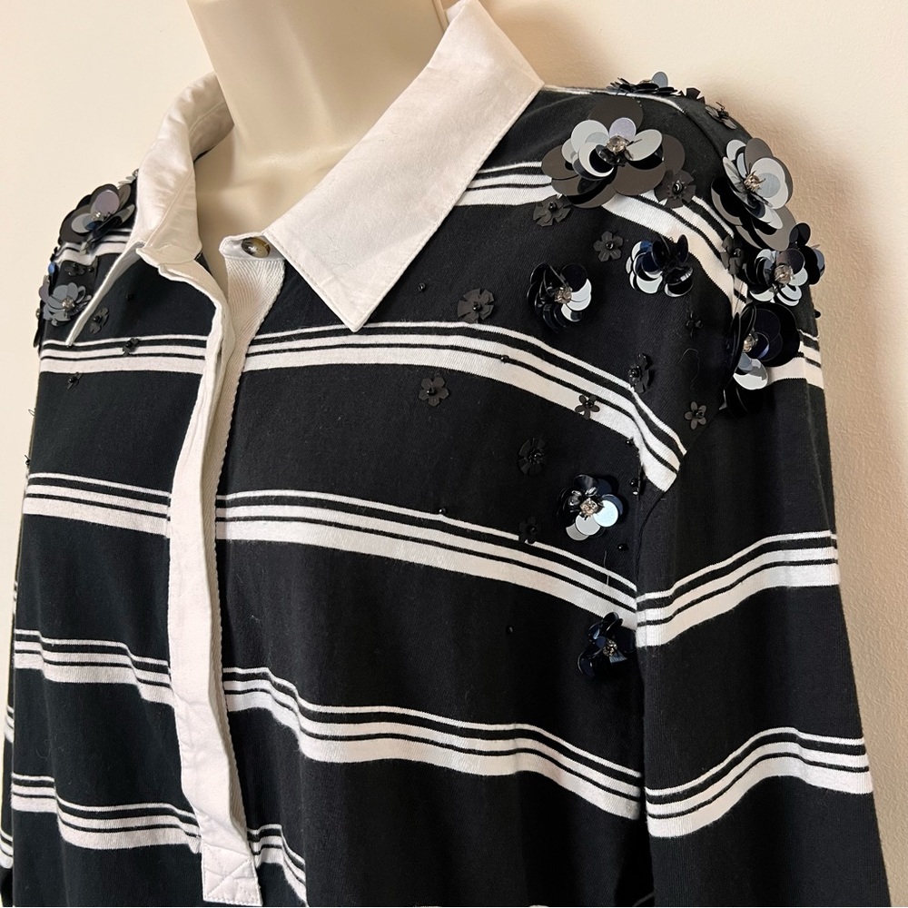 Anthropologie Maeve Black and White Striped Rugby Shirt with Floral Sequins